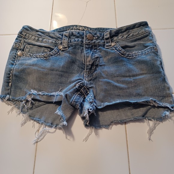 Paisley Sky Cut Off Denim Shorts Size 4 High-Rise Distressed 11" Waist to Hem - Picture 1 of 4
